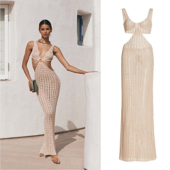Cult Gaia Tyra Crochet Cutout Maxi Dress Sheer Off White Small NWT